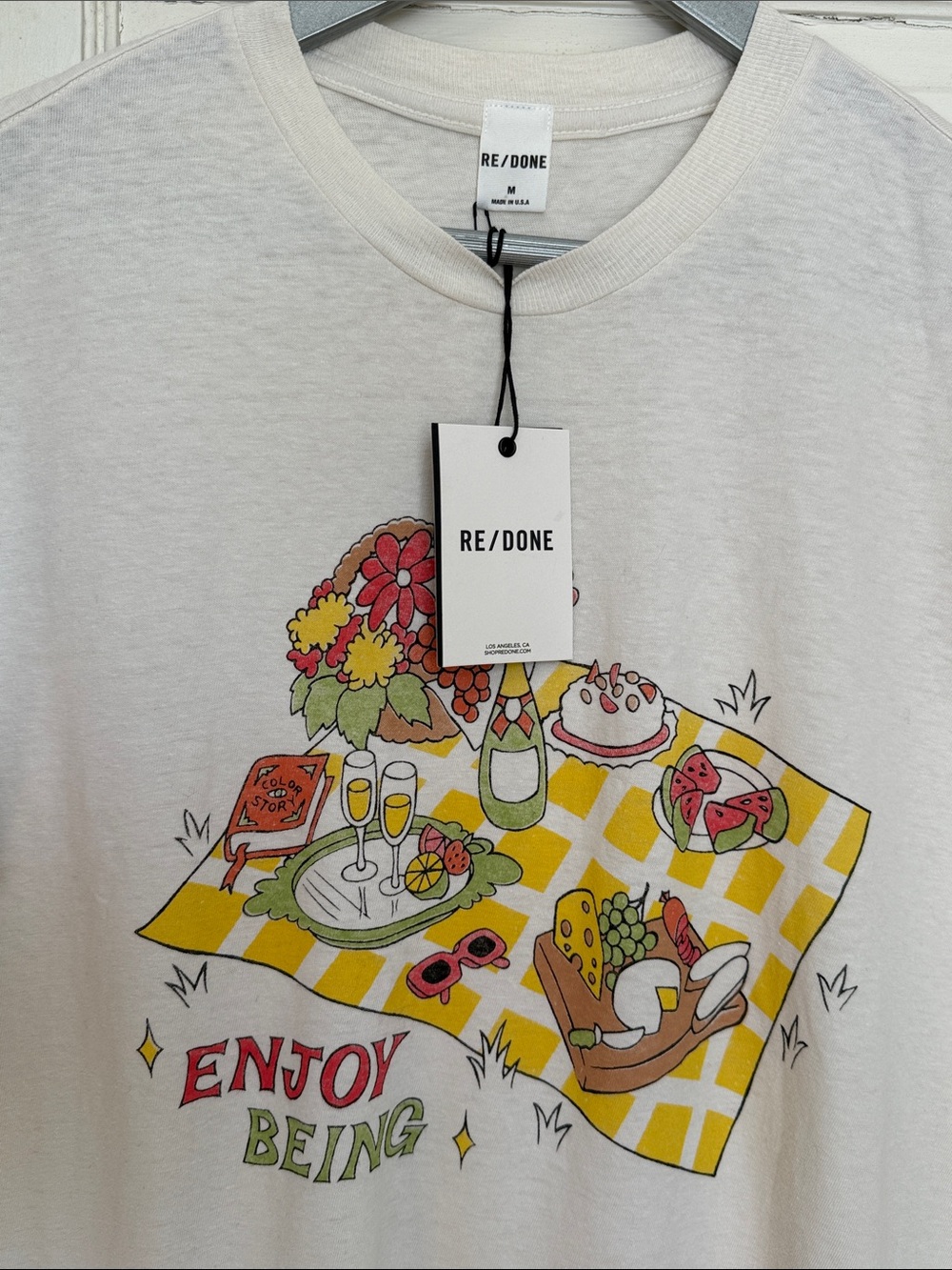 Re/Done Cream Picnic Graphic Tee with Yellow and Red Print - Picture 5 of 7